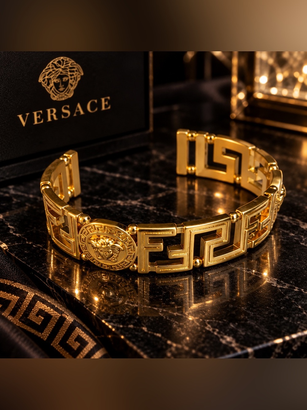 Versace Gold Medusa Greek Key Open Cuff Bracelet
